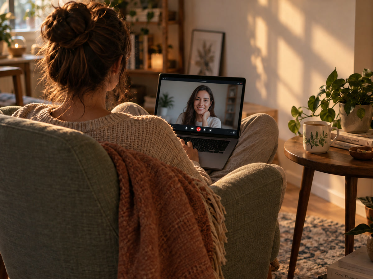 O femeie așezată în fotoliu, acasă, cu laptopul pe genunchi, într-o ședință online